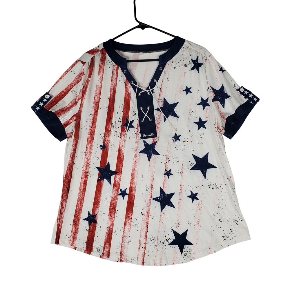 Womens XL Patriotic Americana Stars and Stripes Lace Up V-Neck Short Sleeve Top